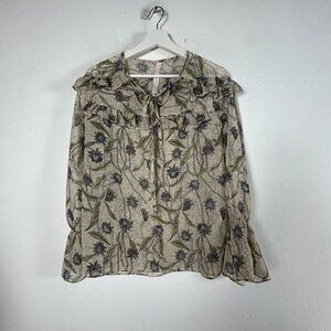 Le Tailor Seoul Womens Floral Ruffle Boho Peasant Blouse Top Beige Made in Korea